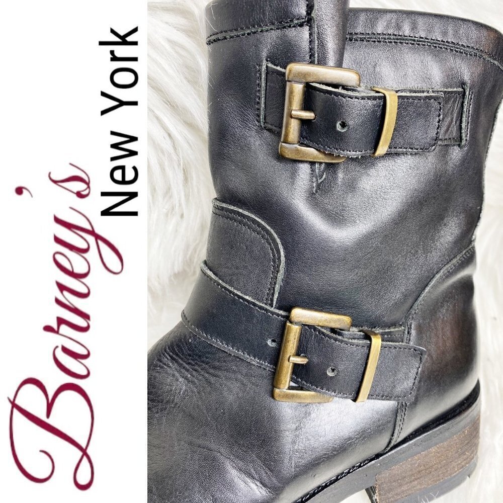 BARNEY'S NEW YORK Black Leather Moto Buckle Ankle Boots, Size 37 - Picture 4 of 11